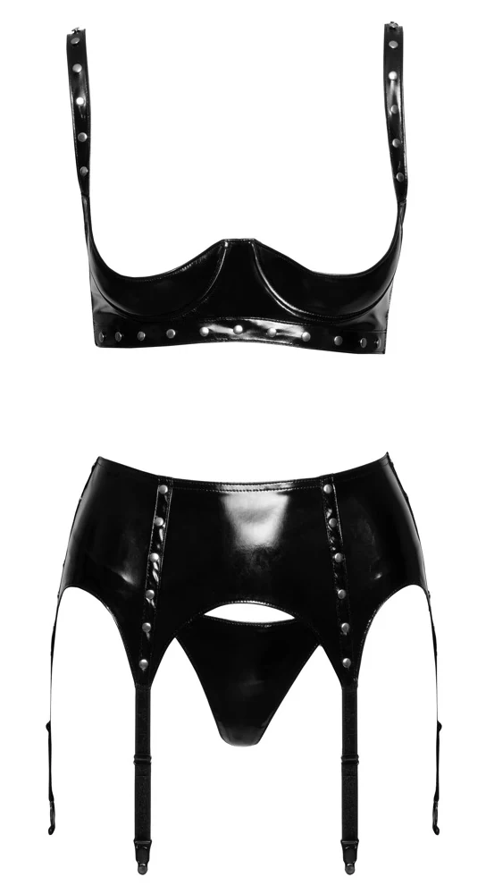 Black Level lak lingerie set 3-delig zwart