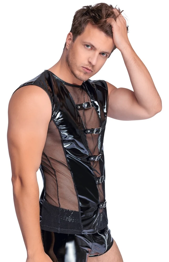 Black Level mouwloos lak shirt met mesh
