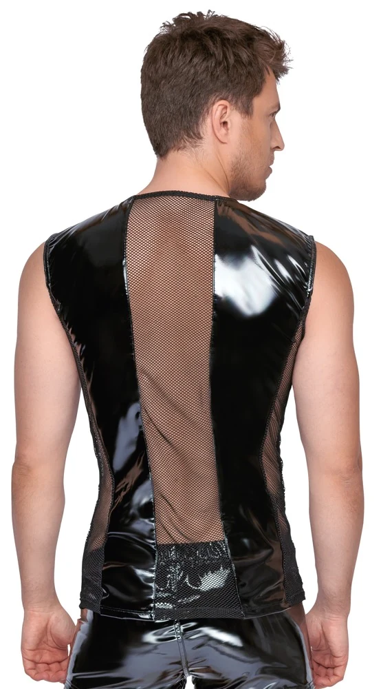 Mouwloos lak shirt met mesh en gespen