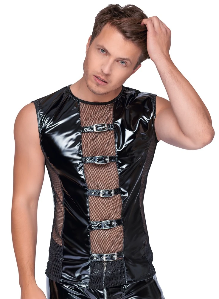 Black Level mouwloos lak shirt met mesh
