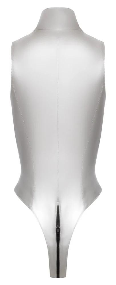 Zilveren lak bodysuit met 2-weg ritssluiting