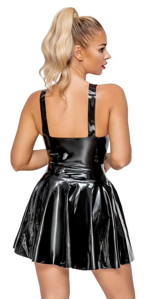 Zwarte latex mini jurk met smalle bandjes