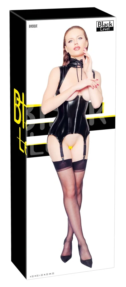 Bustless vinyl jarretel chemise zwart