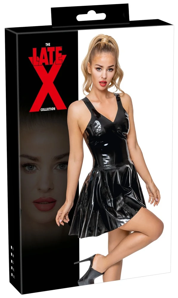 Zwarte latex mini jurk met smalle bandjes