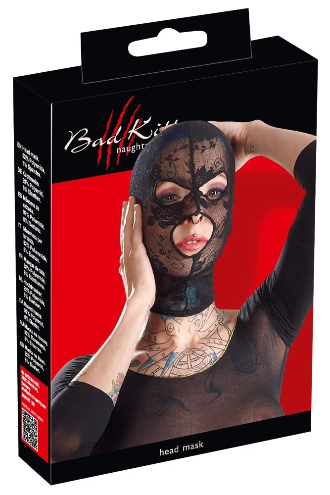 Zwart kanten hoofdmasker met oog- en mondopening