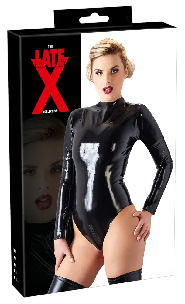 Zwarte latex body met rits en lange mouwen