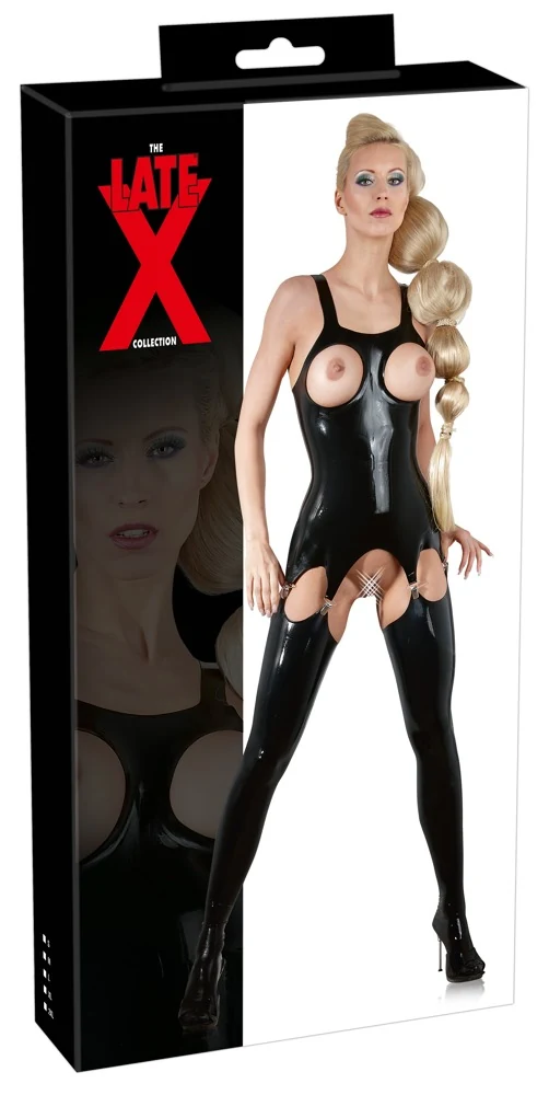 Zwart latex jarretelhemd met open boezem